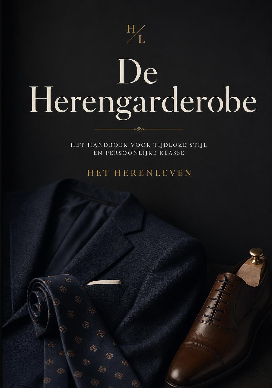 Cover van het handboek De Herengarderobe — een marineblauwe blazer met das en bruine oxford.